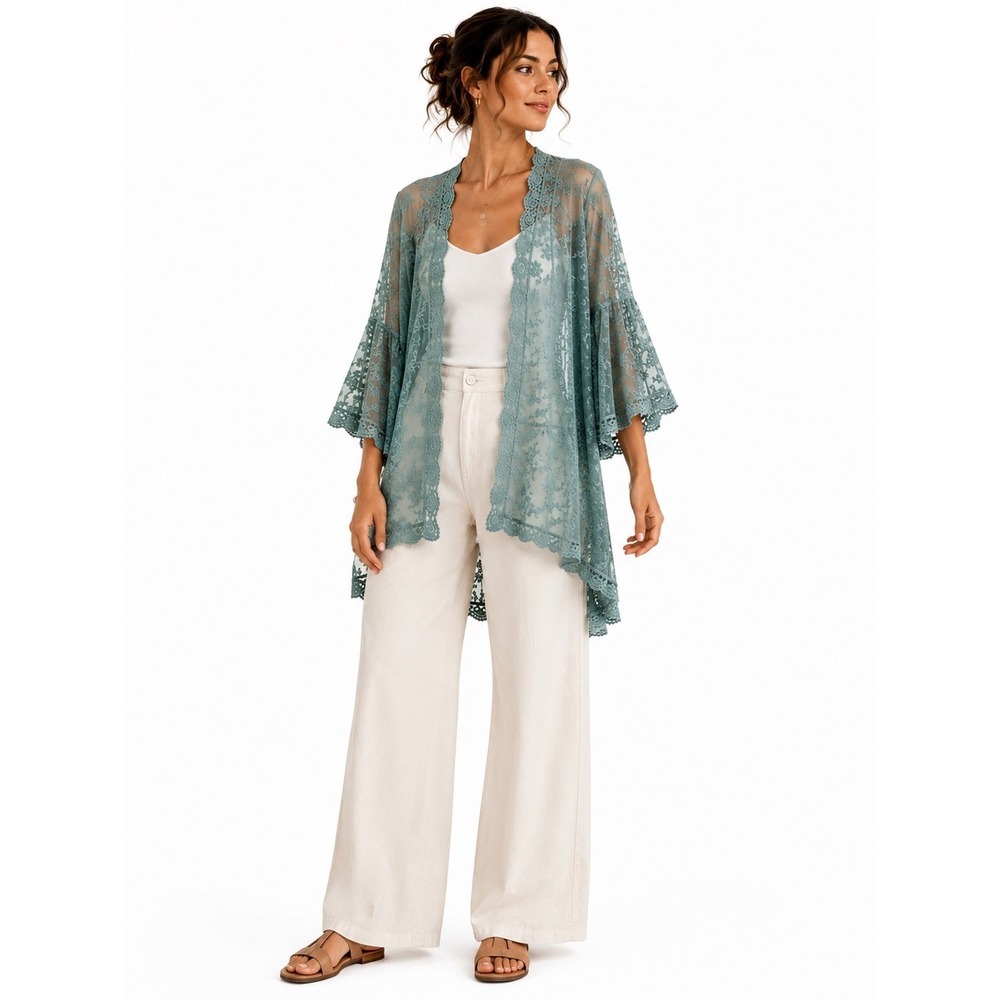 Magnolia Lane Cardigan Large Sage Green Floral Lace Sheer Bell Sleeve Boho